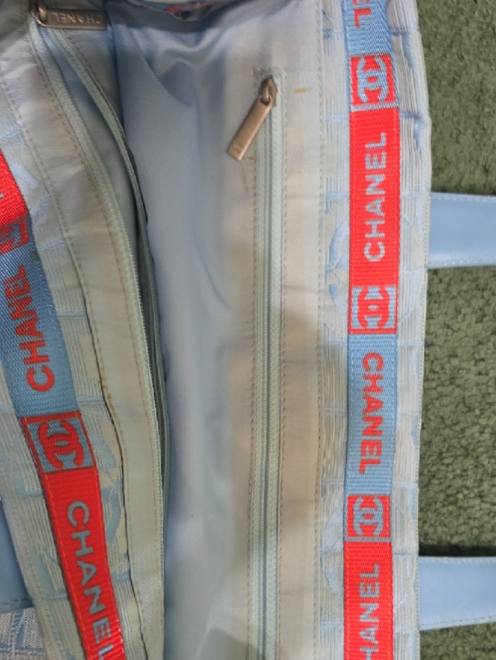 CHANEL Light Blue Jacquard Tote with Red Trim - Picture 7 of 9